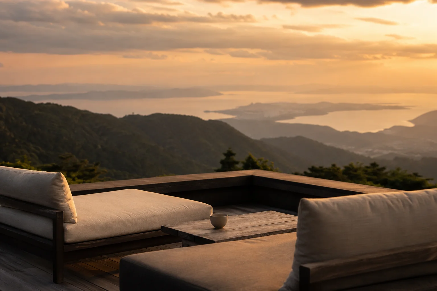 The lake, far below, at golden hour.